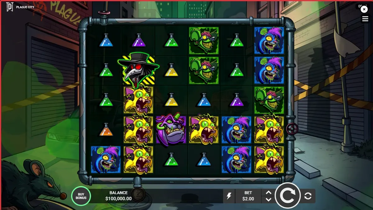 Tampilan visual slot Plague City dengan tema apokaliptik dan ilmuwan bertopeng